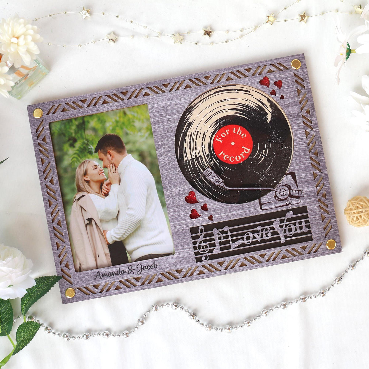 Wooden Picture Frame Personalized Photo Frame With Record Design, Unique Gift for Anniversary, Wedding Decor, Valentines Day
