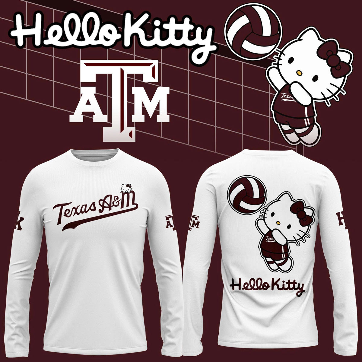 Limited Edition Long Tee Texas A&M Volleyball x Hello Kitty