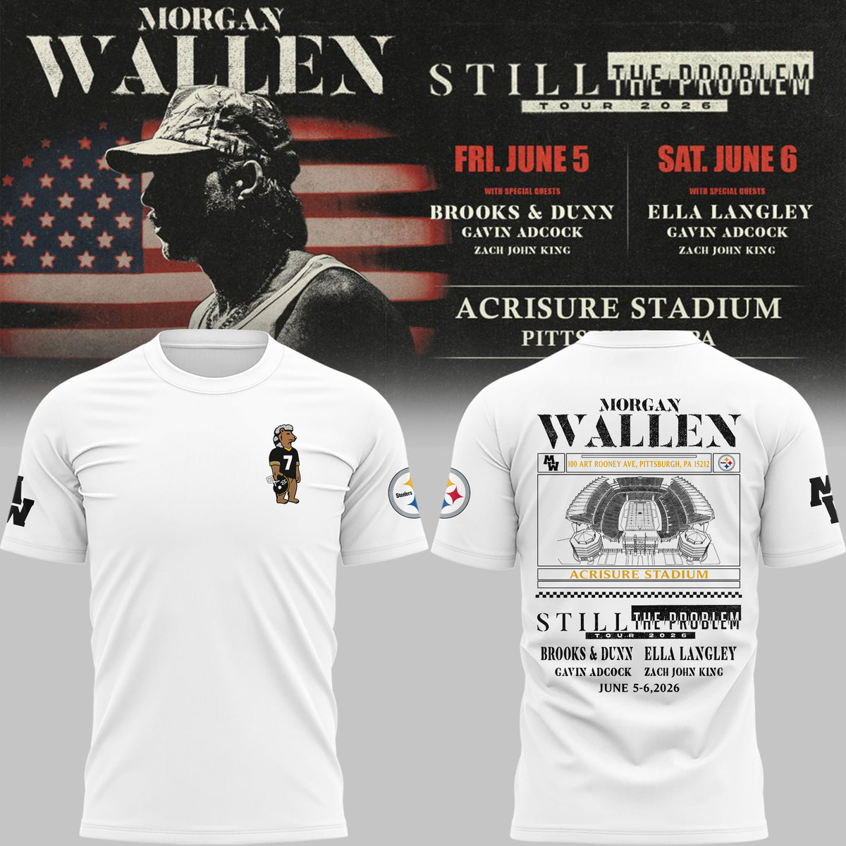 Limited Edition Morgan Wallen x Pittsburgh Steelers White Tshirt 2026