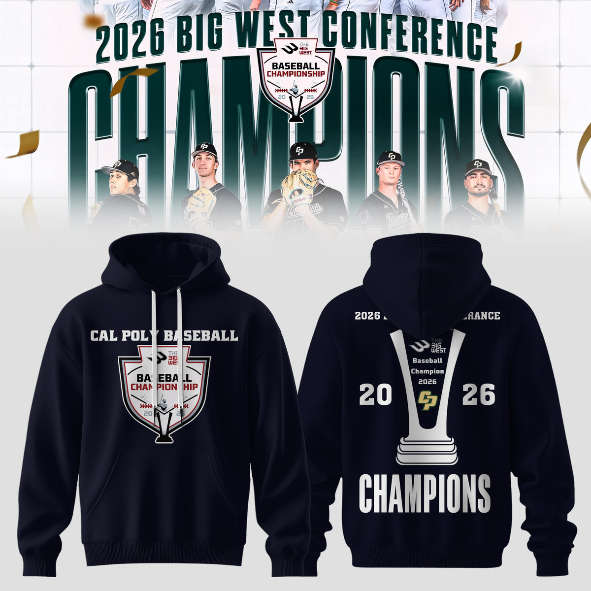 _Big West Conference 2026 Champions – Cal Poly Mustangs Baseball Hoodie