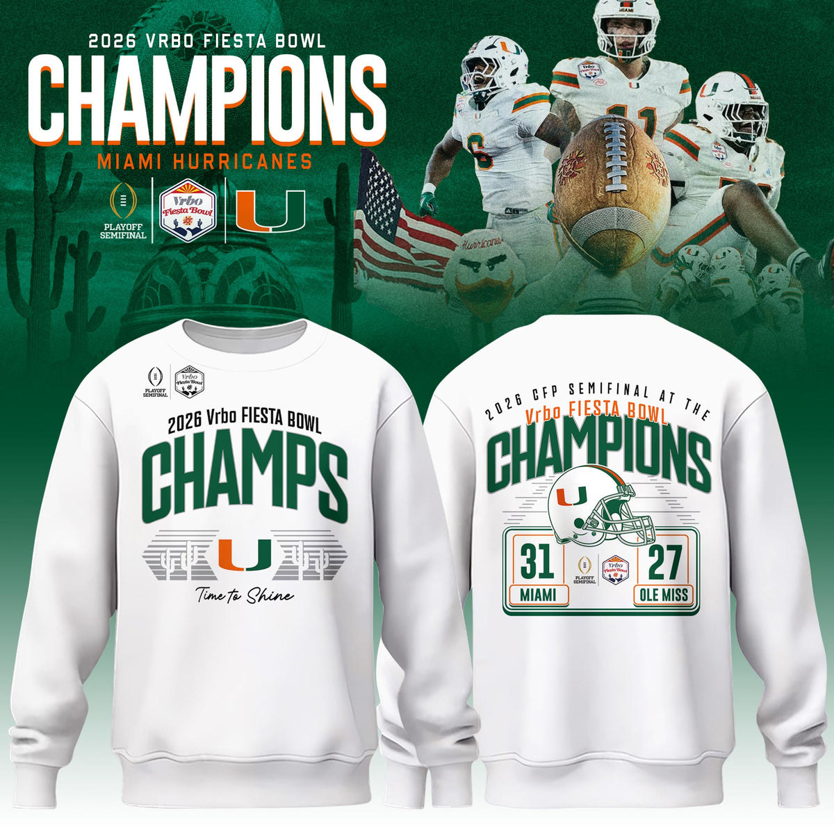 Miami Hurricanes 2026 Fiesta Bowl Champions Locker Room Sweatshirt – White