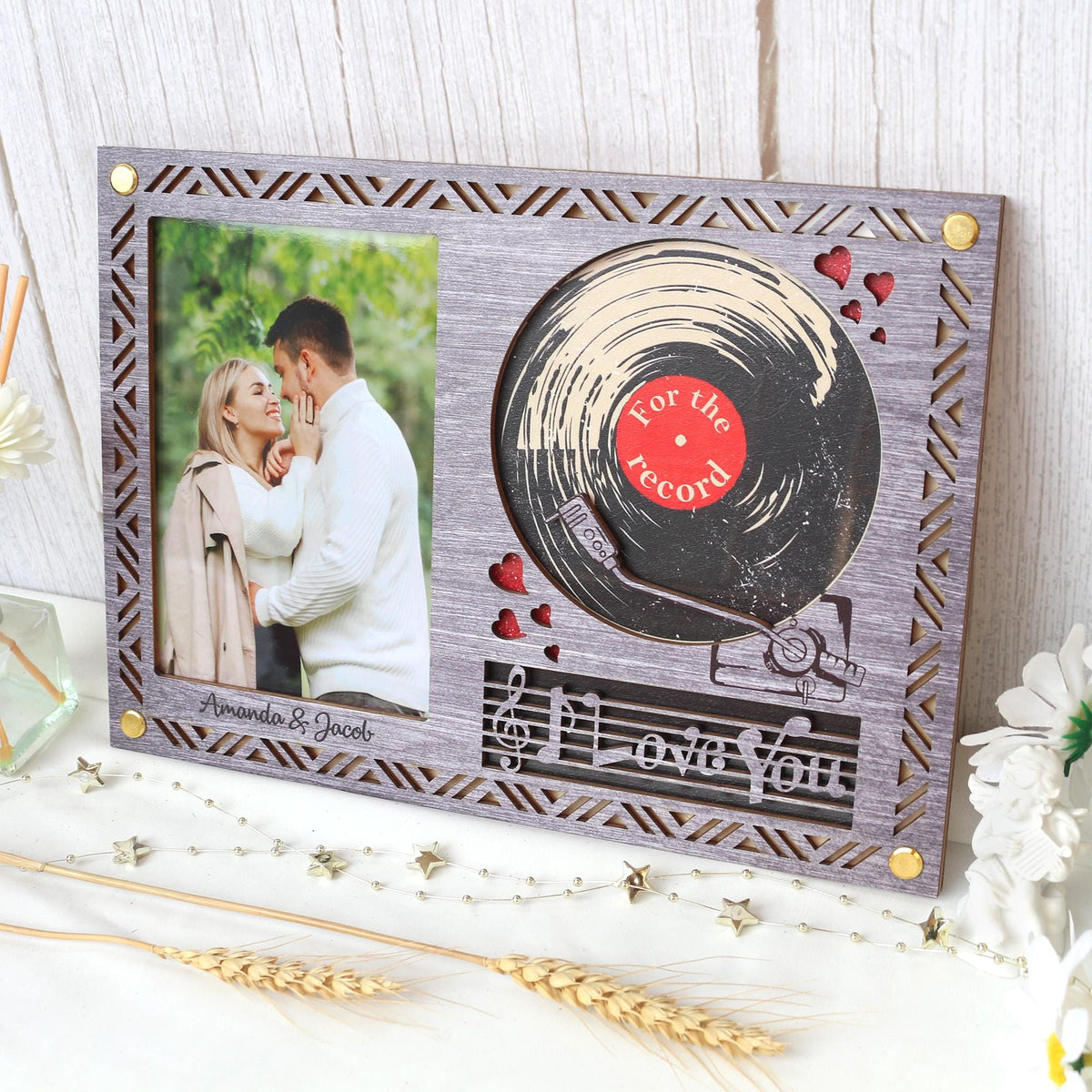 Wooden Picture Frame Personalized Photo Frame With Record Design, Unique Gift for Anniversary, Wedding Decor, Valentines Day
