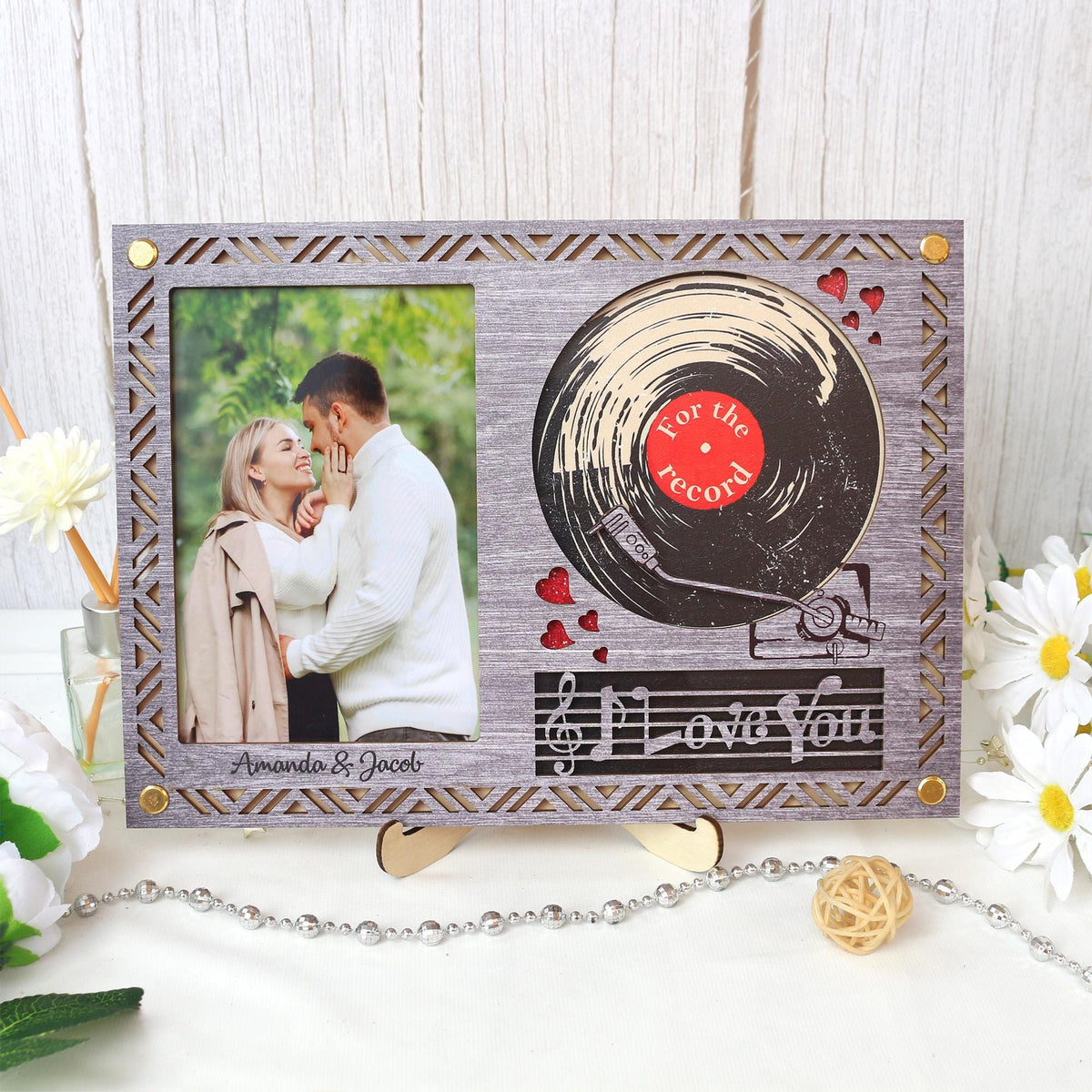 Wooden Picture Frame Personalized Photo Frame With Record Design, Unique Gift for Anniversary, Wedding Decor, Valentines Day