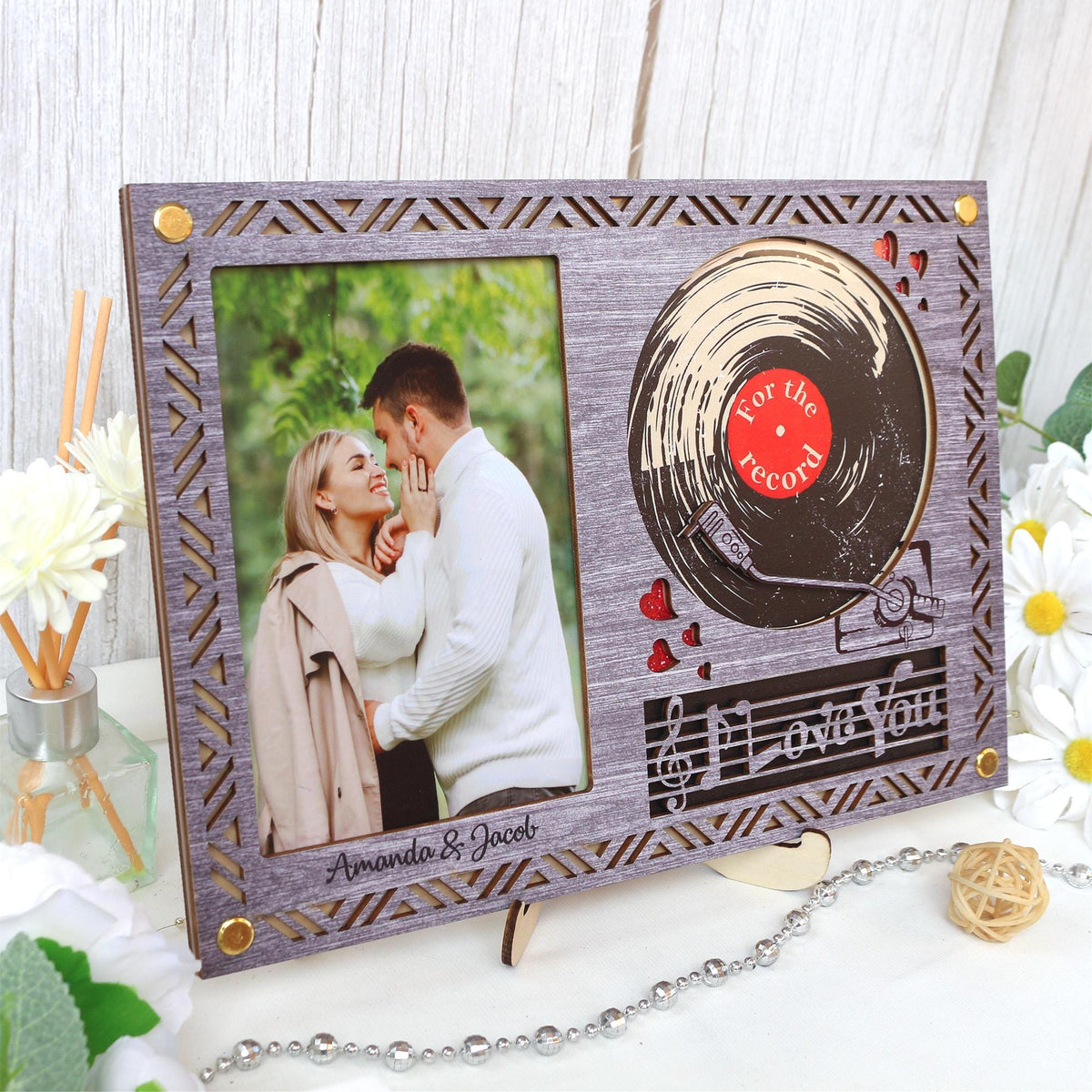 Wooden Picture Frame Personalized Photo Frame With Record Design, Unique Gift for Anniversary, Wedding Decor, Valentines Day